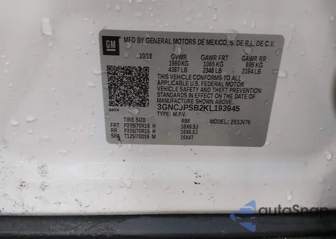 2019 Chevrolet Trax Lt z USA, uszkodzony, nr VIN 3GNCJPSB2KL193945